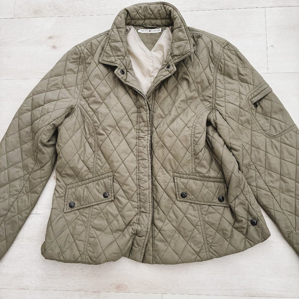 Vintage 2005 Tommy Hilfiger Women's Quilted Puffer Jacket - Army Green - XL